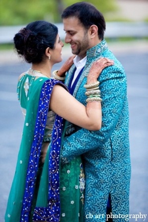 indian wedding portrait bride groom teal green
