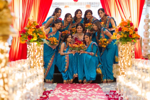 indian wedding bridal party saris blue