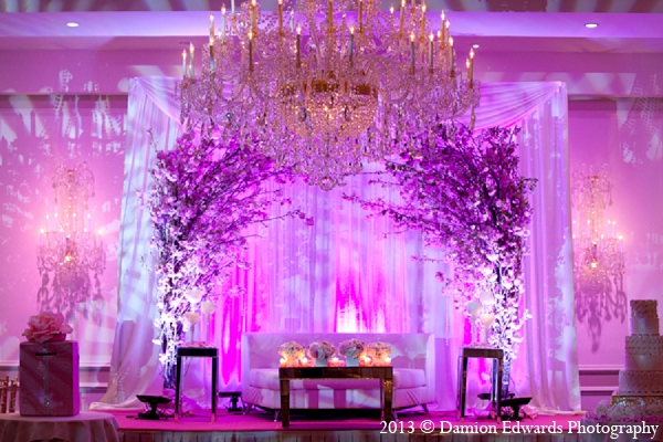 indian weding reception stage pink floral decor