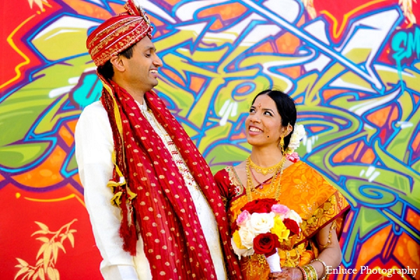 indian wedding portraits bride groom graffiti city