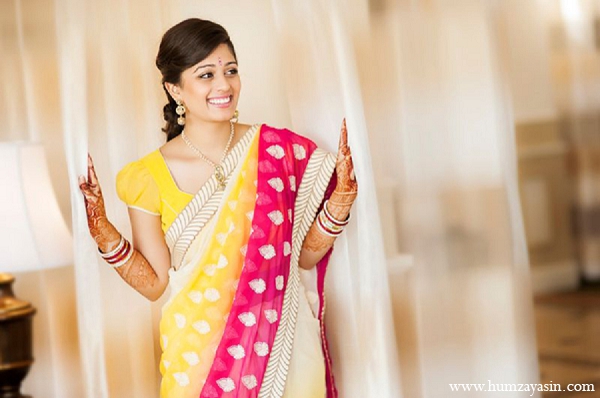 indian-wedding-bridal-portrait-hot-pink-yellow-sari