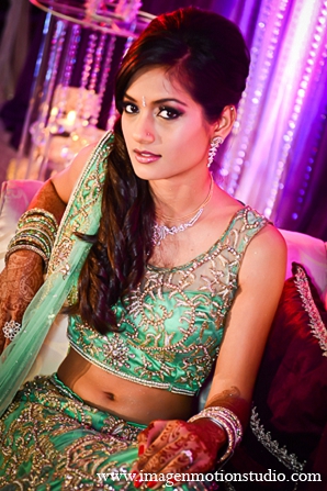 indian wedding reception bridal fashion light green lengha hair makeup