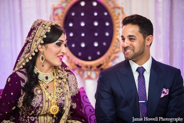 A south Asian bride and groom marry in a traditional Muslim wedding ceremony. They celebrate many Muslim traditions with friends and family throughout the glamorous festivities.