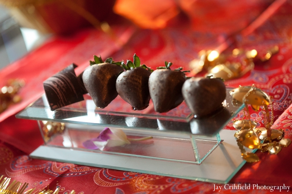 The chocolate covered strawberries at the wedding reception.