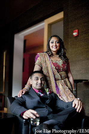 An Indian bride and groom celebrate their wedding festivities in New Jersey. They choose extravagant details like a Lamborghini, opulent decor, and trendy wedding outfits.