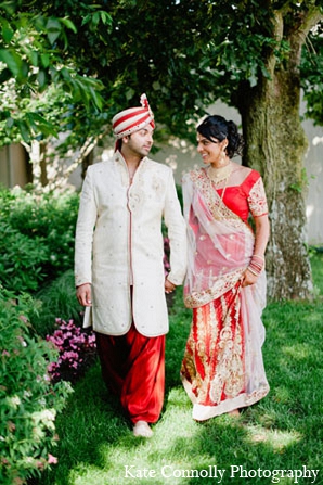 indian wedding bride groom portraits red lengha