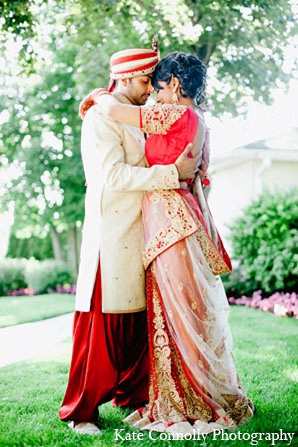 indian wedding groom bride portraits red lengha