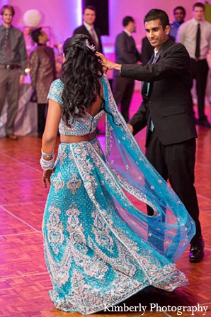 indian wedding bride groom blue lengha reception