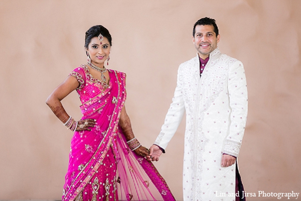 indian wedding bride groom portraits pink sari