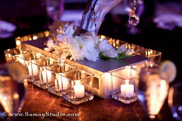 gold and purple wedding table centerpiece
