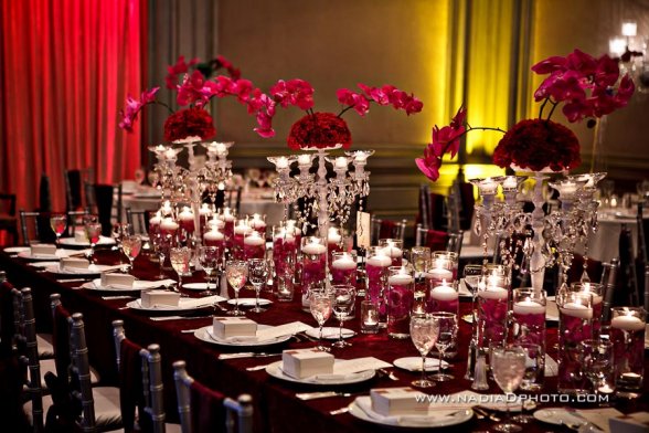 white and black and hot pink wedding centerpieces