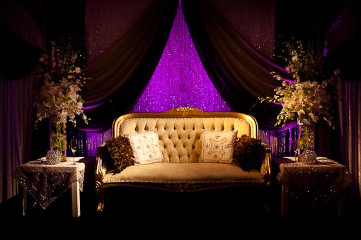 gold and purple wedding decor