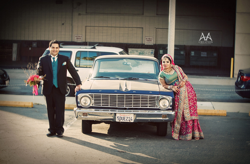 Indian bride and groom with car