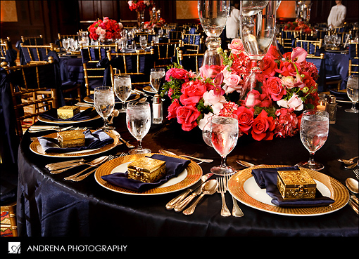 Navy and coral reception table details 1