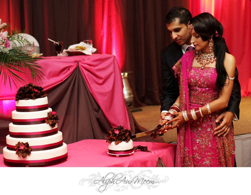 Indian bride and groom, indian wedding cake, pink and brown