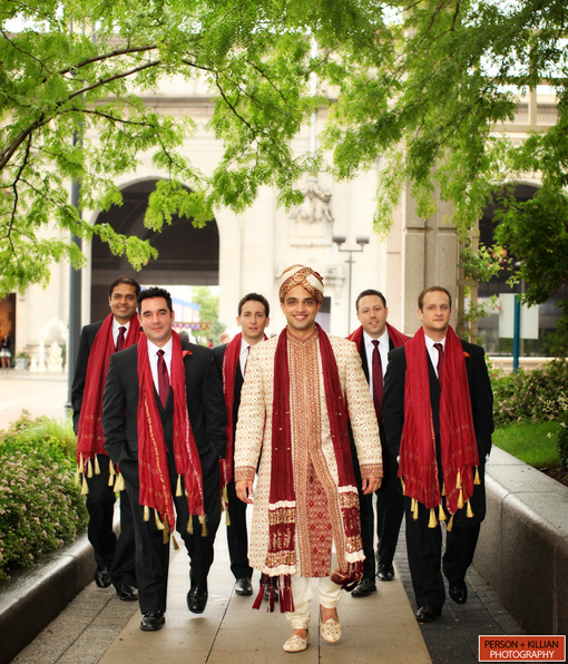 Indian wedding, groomsman red
