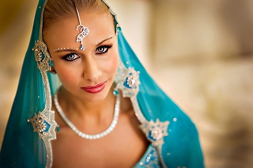 Indian-bride-blue-lengha-fusion-wedding-blonde