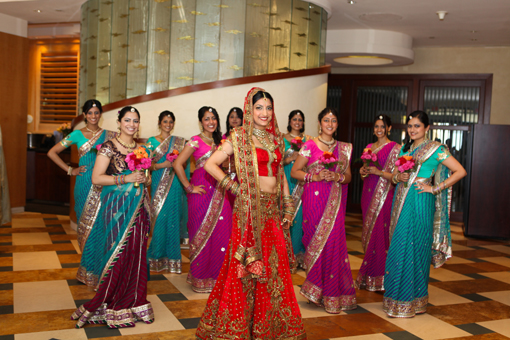 Indian-wedding-hindu-ceremony-red-bridal-lengha-bridesmaids-indian-sari