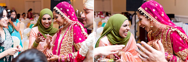 An Indian bride celebrates with her family at an Indian wedding reception.
