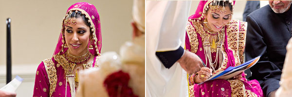 An Indian bride wears a hot pink bridal lengha.