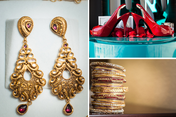 Indian bridal jewelry consists of gold jewelry with red gems.