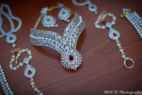 Indian bridal jewelry set in white gold and ruby.