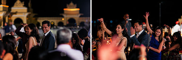 An Indian bride and groom dance at their welcome dinner.