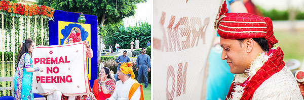A white sheet separates a groom from seeing his approaching Indian bride!