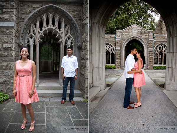 Indian bride and groom at outdoor engagement photo session.