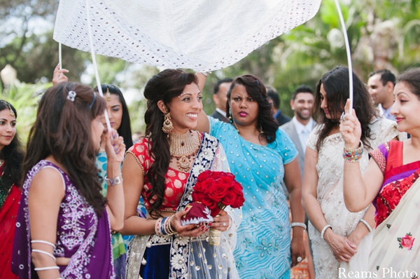 Indian bride arrives to modern indian wedding ceremony.