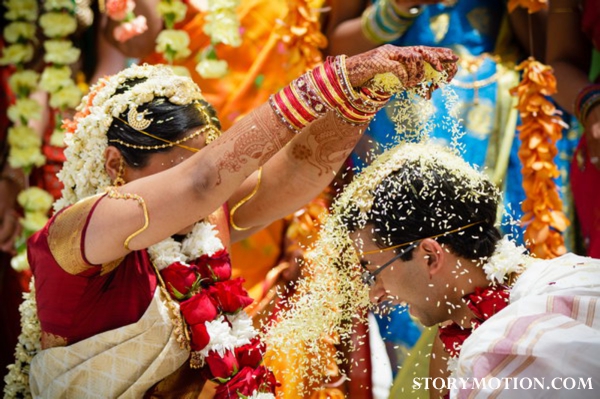 South Indian bride and groom at south indian wedding ceremony.