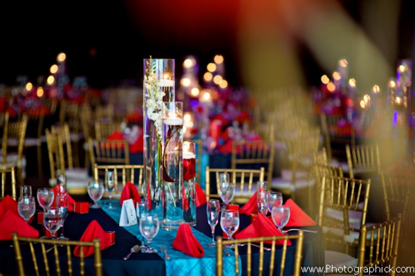 Indian wedding reception decoration ideas for a red and blue theme.