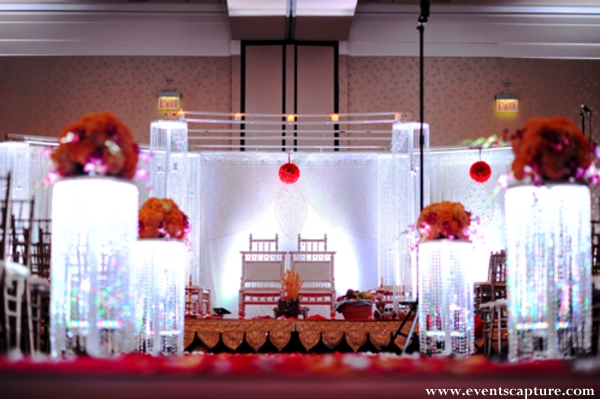 Indian wedding altar in white and red.