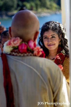 Indian bride and groom at south indian wedding ceremony