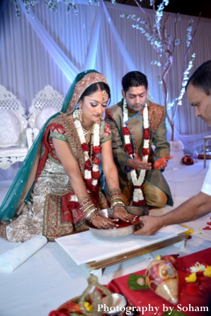 Indian bride and groom at modern indian wedding ceremony