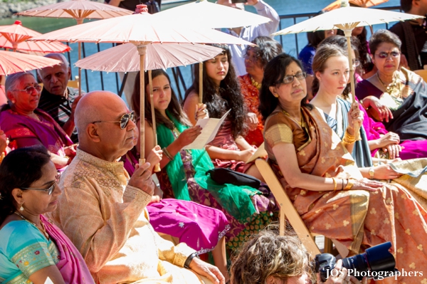 indian wedding guests with parasols at outdoor south indian wedding