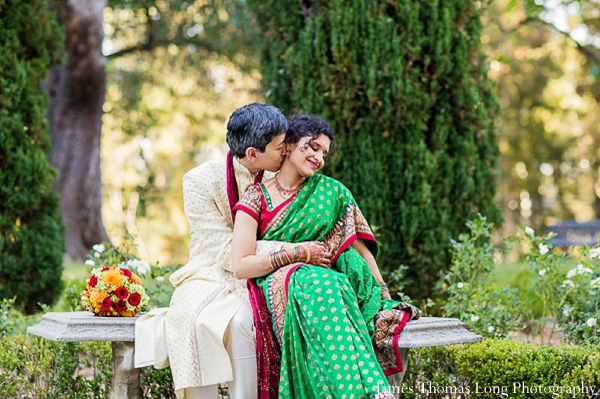 An Indian bride wears a traditional South Indian wedding sari