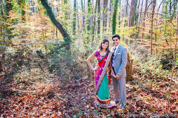 Indian bride in bold wedding sari for engagement wedding photos