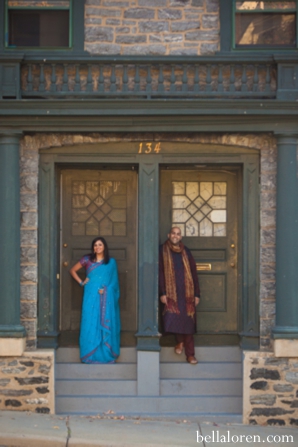 indian bride in blue sari for wedding engagement shoot