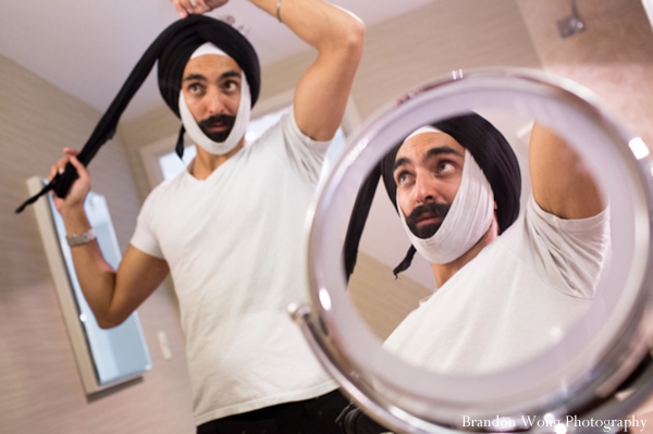 Indian wedding photography of Sikh groom getting ready for wedding reception