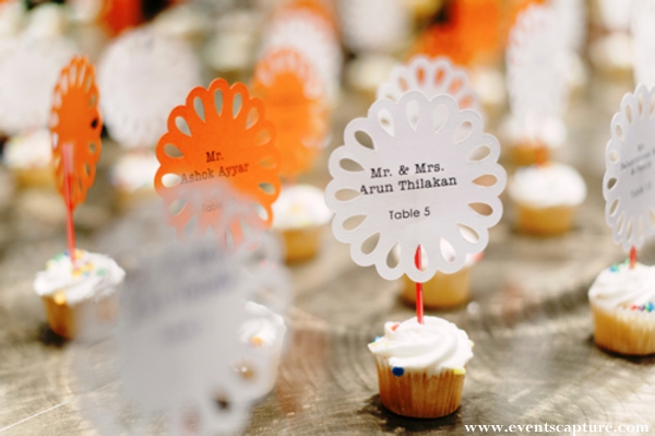 Indian wedding tablesetting ideas with cupcake place cards.