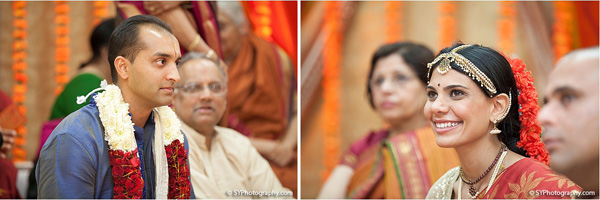 An Indian bride and groom at their beautiful and traditional South Indian wedding.