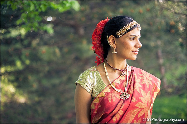 A South Indian bride before her traditional Indian wedding ceremony.