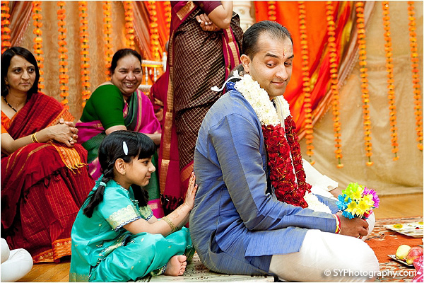 A groom wears a jaimala during his traditional South Indian wedding ceremony.