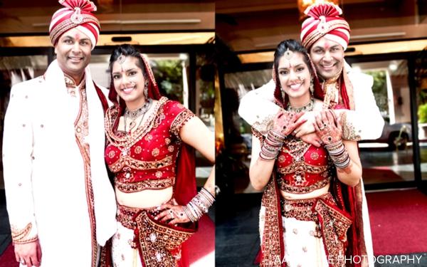 indian bride and groom in traditional wedding outfits